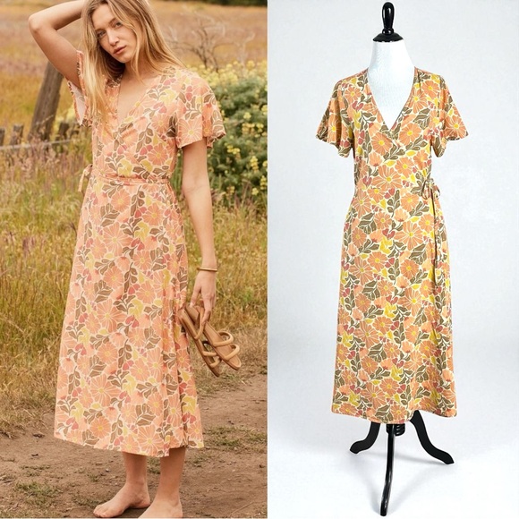 Marine Layer Emlyn Midi Wrap Dress Size Medium Retro 70s Fall Floral - Picture 1 of 17